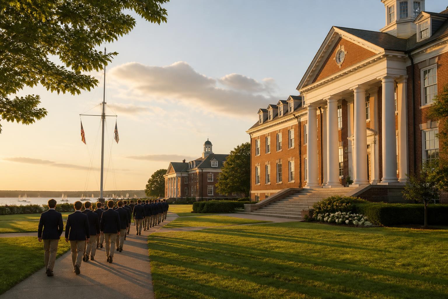 Sunlit academy campus with brick buildings and manicured grounds
